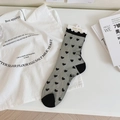 Schwarze transparente Tüllsocken mit Herzmuster und Wellensaum auf schlichtem Hintergrund - Schwarzes Herz