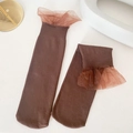 Dark brown velvet lace ruffle socks with rib knit texture and sheer tulle trim - One Size / Dark Coffee