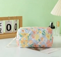 Quilted light blue floral makeup bag with yellow and pink flower patterns and zipper - Square Oil Painting Flower Makeup Pouch / Small (15*9*8cm)