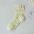 White crew socks with yellow plaid pattern, breathable mesh knit and ruffled cuffs - One Size / Yellow Plaid