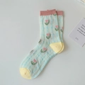 Blue plaid mesh crew socks for women with pink tulip embroidery and yellow accents - One Size / Blue Plaid