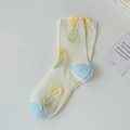 White mesh crew socks with yellow tulip print and light blue contrast toe and heel - One Size / Small Yellow Flower