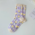 Purple argyle mid-calf socks with yellow flower patterns and cream accents - One Size / Argyle