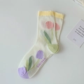 Mesh mid-calf flower socks featuring pink tulip patterns and light yellow ruffled cuffs - One Size / Yellow Ribbed Opening