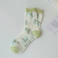 Floral mesh crew socks in cream and light green with cute cherry pattern and wavy cuffs - One Size / Green Cuff
