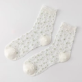 Witte en groene kanten bloemensokken met schattige madeliefjesborduursels en ruches - Dames Eén Maat 34-39 / Wit