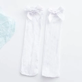 White JK uniform thigh high socks with elegant silk bow and vertical ribbed pattern - Mid-Tube Style (Mid-Tube White)