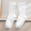 Elegant white lace mid-calf socks with vintage floral patterns and ruffled edges - Women's One Size / White