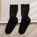 Japanese style black cotton crew socks with intricate lace ruffles and hollow crochet - Women's One Size / Black