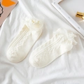 Cream white Lolita style socks with ruffled lace edges and 3D wave jacquard patterns - Short Beige