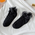 Lolita style black ankle socks featuring elegant organza lace ruffles and ribbed texture - Short Black