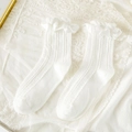 White Japanese JK style mid-calf socks with delicate ruffle trim and vertical ribbed knit - White Striped Tiered Ruffle Style (101 White)