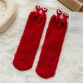 Thick red coral fleece cartoon socks with cute 3D eyes for warm winter home wear - One Size / Red