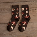 Thick wool socks in dark brown with retro mushroom and flower knit patterns - One Size / Flower Mushroom