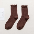 Dark brown mid-calf knit cotton socks with vintage ruffle cuffs and vertical stripes - Coffee
