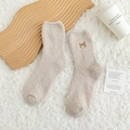 Winter oatmeal coral fleece socks with cute bear embroidery for cozy indoor warmth - Bear Head Embroidery / Khaki