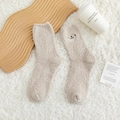 Beige coral fleece socks with cute bear embroidery, thick plush mid-calf style for home - Alpaca Embroidery / Khaki