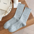 Japanese style gray crew socks with ruffled cuffs and textured jacquard pattern - One Size / Dark Gray