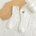 Warm white coral fleece crew socks with cute brown teddy bear embroidery for women - Alpaca Embroidery / White