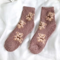 Fuzzy coral fleece mid-calf winter socks in dusty pink with cute brown bear patterns - One Size / Coffee