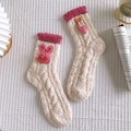 Cozy white coral fleece house socks with pink rabbit and carrot appliques - One Size / Beige