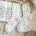 Winter cream white mid-calf wool socks featuring classic argyle knit pattern and retro style - One Size / White