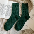 Dark green wool blend crew socks with vintage diamond lattice knit pattern - One Size / Dark Green