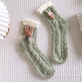 Cozy green coral fleece socks with cute rabbit and carrot patches for winter warmth - One Size / Green