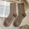 Brown mid-calf wool blend socks featuring a retro argyle knit texture for autumn - One Size / Light Coffee