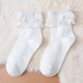 White JK Lolita knee high socks with double-layered pleated lace trim and bow accent - Solid White