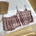 Dusty rose satin two-piece pajama set with camisole top and elastic shorts - M / Purple