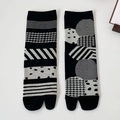Two-toe Tabi socks in black and grey cotton with houndstooth and geometric patterns - One Size / Black Gray Stripe