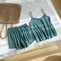 Deep green satin two-piece sleepwear set with camisole and elastic shorts - M / Summer Green