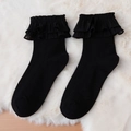 Cute black Lolita knee-high socks with ruffled lace trim for Japanese JK fashion styles - Solid Black