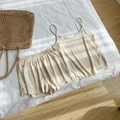 Women's summer beige silk satin pajama set with camisole top and elastic shorts - M / Off-white