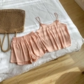 Pink silk satin camisole and shorts sleepwear set with elegant thin straps - M / Orange