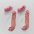Chaussettes style Lolita en soie de verre rose corail avec dentelle et perles - Taille unique / Rouge pastèque