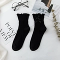 Black Lolita mid-calf socks with ruffle trim and double satin bows in ribbed knit - One Size / Black