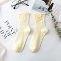 Creamy yellow mid-calf socks with lettuce trim and double ribbons in sweet Lolita style - One Size / Milk Yellow