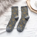 Chaussettes mi-mollet vintage à motifs losanges gris, jaune et bleu en maille - Taille unique / Gris