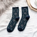 Chaussettes mi-hautes vintage vert foncé avec motifs géométriques à losanges en maille - Taille unique / Bleu