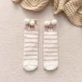 Fuzzy coral fleece Christmas socks featuring brown bear embroidery and 3D plush pompoms - Khaki Striped Bear