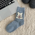 Calze blu in maglia a metà polpaccio con orsetto e pois su tappeto di peluche - Coniglio Cuore (Blu)