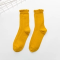 Japanese style ruffle edge yellow crew socks with ribbed texture for women and girls - One Size / Turmeric
