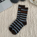 Dark brown crew socks with blue stripes in a cozy home setting flat lay display - One Size / Dark Coffee with Blue Stripes