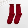 Japanese style wine red mid-calf socks with frilly lace cuffs and ribbed texture - One Size / Burgundy