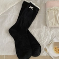 Japanese style black mesh crew socks with white lace trim and bow accents - One Size / Black
