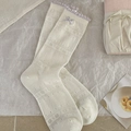 Creamy white hollow mesh socks with purple lace trim and bow for a sweet academic style - One Size / White