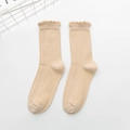 Japanese style apricot lace trim calf socks with vertical hollow knit pattern - One Size / Khaki
