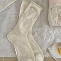 Japanese style cream lace mesh socks with bow tie and floral hollow knit pattern - One Size / Beige